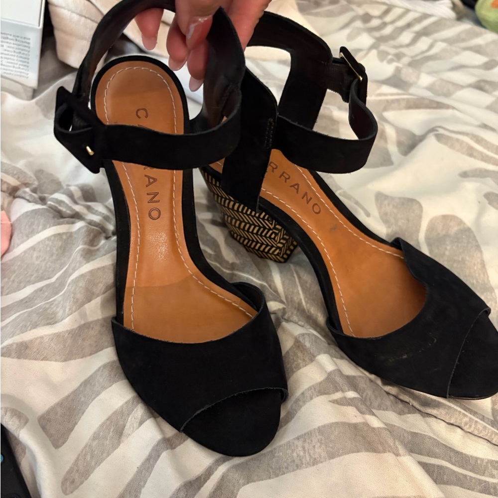 Serra Black Suede Open-Toe Ankle Strap Sandals with Patterned Block Heel